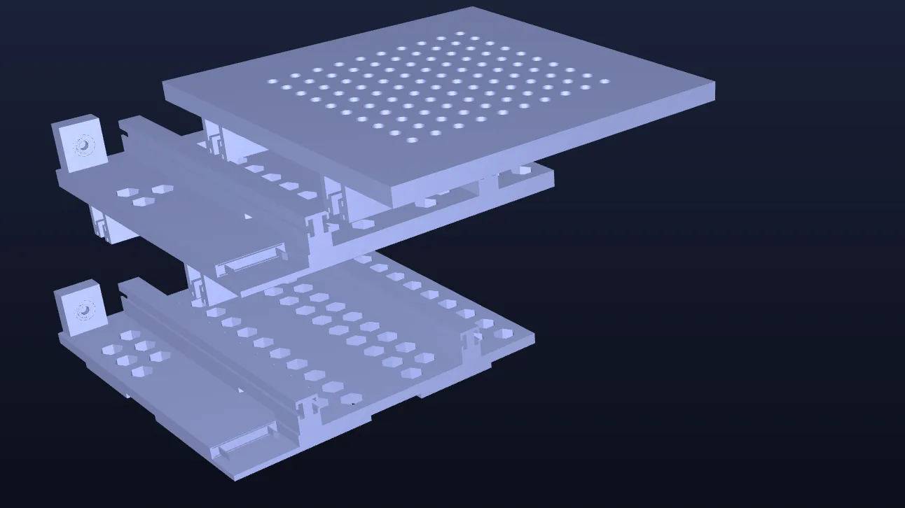 CAD isometric render of the RoboDK Factory-in-a-Box XY stage assembly.
