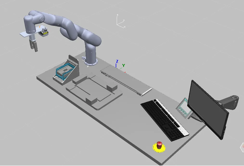 CAD isometric render of the FrED Factory Station 1 layout: xArm 6, conveyor, HMI stand and emergency stop.