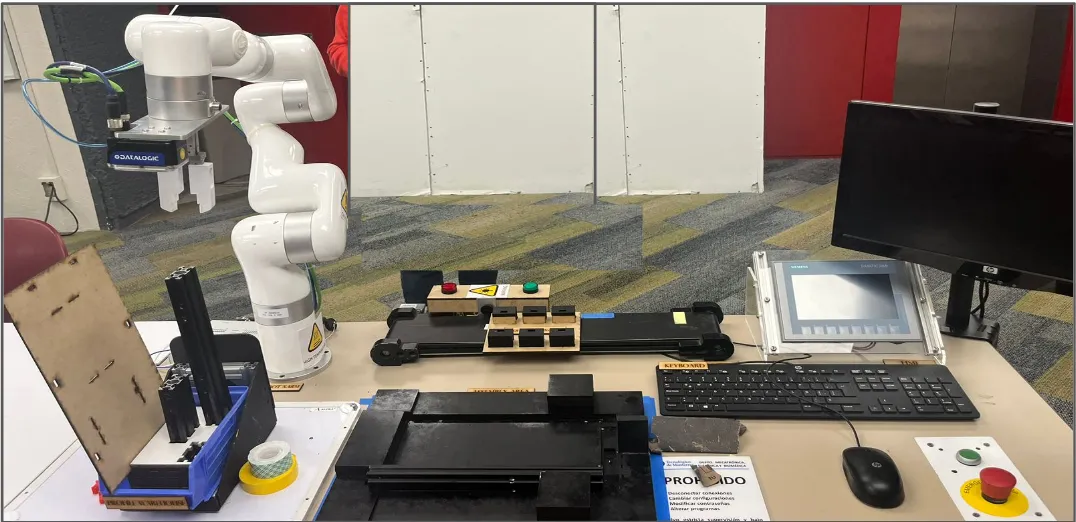 FrED Factory Station 1: a white UFACTORY xArm 6 cobot with a Datalogic vision gripper over a conveyor, HMI panel and PLC-driven fixtures on a lab bench.